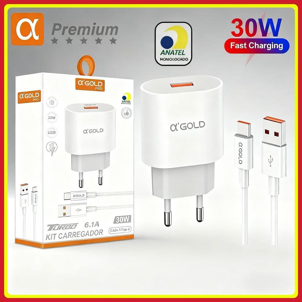 Kit Carregador 30W Turbo 6.1A USB + Cabo tipo c Carregamento rápido original A’Gold