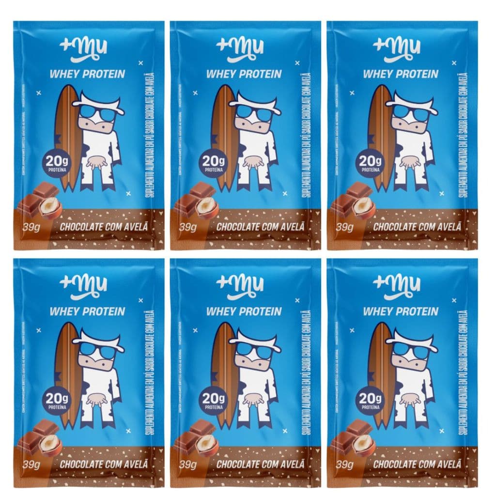 KIT 6 WHEY PROTEIN CONCENTRADO SACHE CHOCOLATE C AVELÃ 20G PROTEINA 37G +MU
