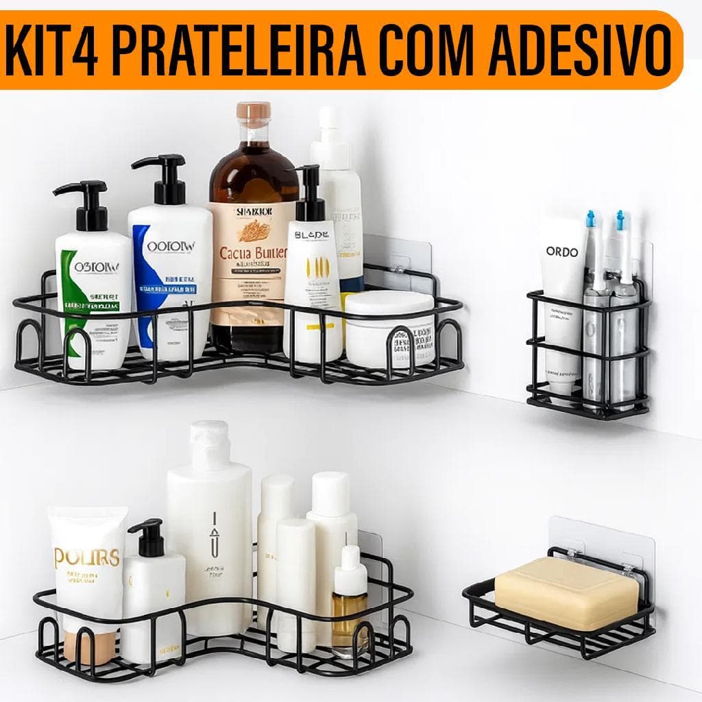 Suporte Shampoo Prateleira P/ Banheiro Sem Furo Preto Adesivo Acessórios Com 4 Peças Aramado Yab