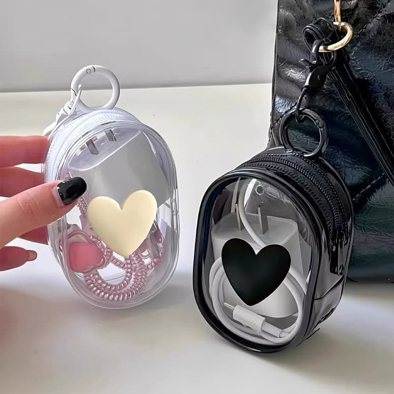 Mini Bolsa  bolsinha Portátil Transparente e coração com Zíper para Carregador Fone de Ouvido Acessórios de Viagem