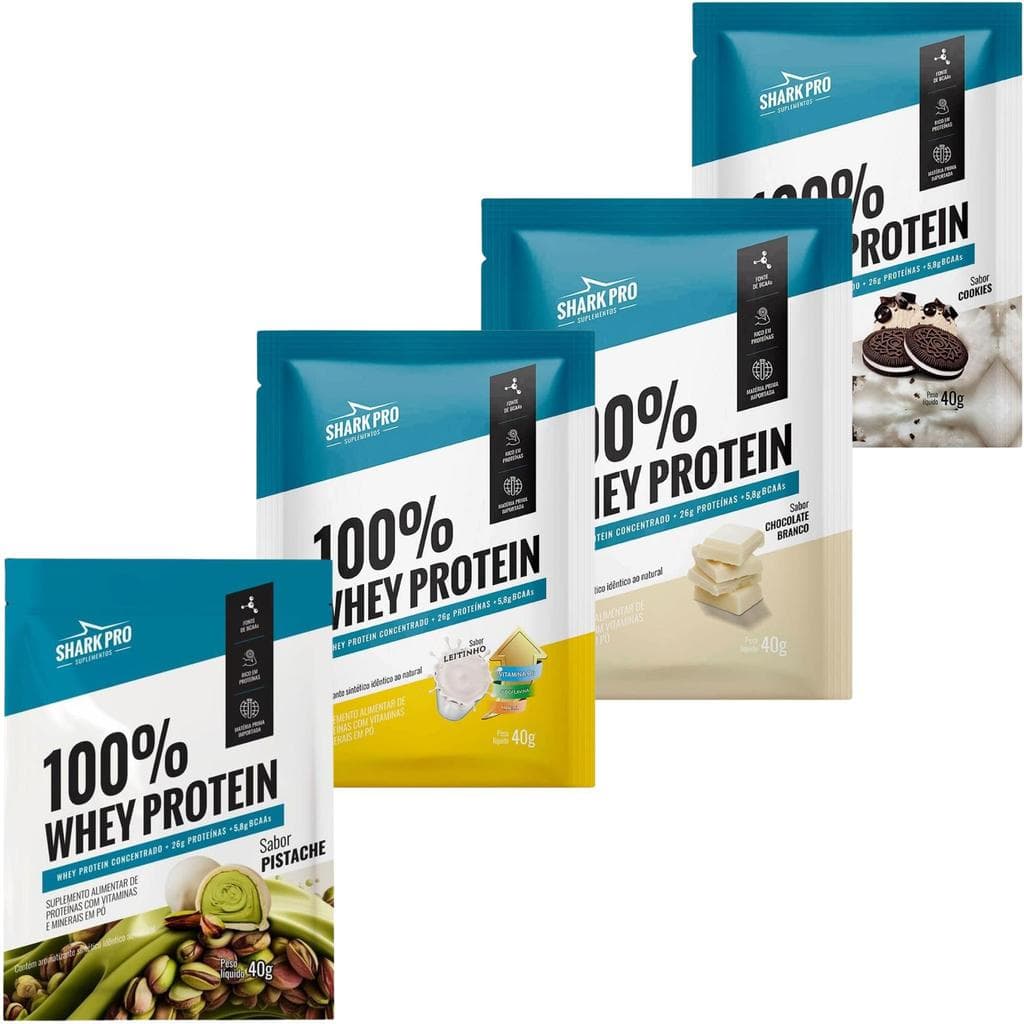 WheyProtein 100% Dose Sachês De 40g Sabores Variados Shark Pro Paçoca Leitinho Pistache Chocolate Branco Cookies