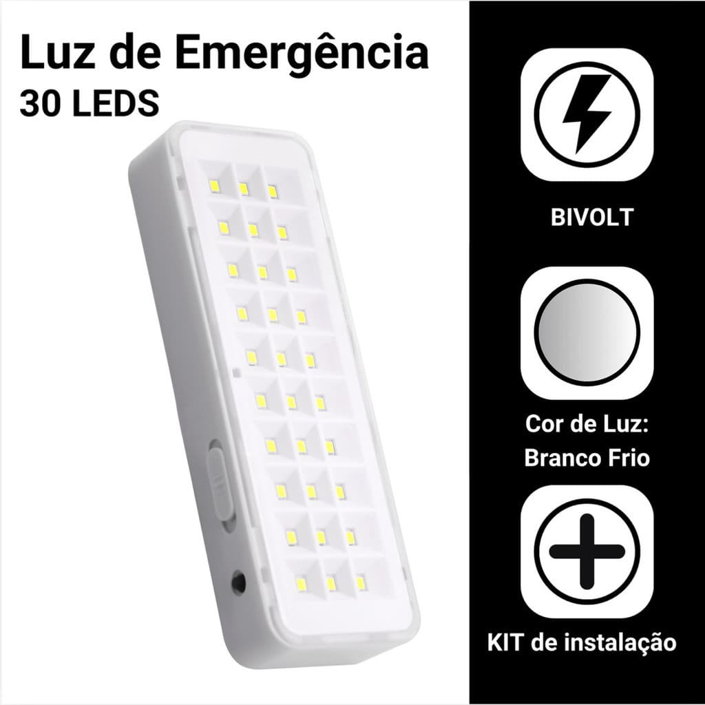 Kit 2 Luminárias De Emergência Lâmpada LED 30LEDS Branco Frio 6500K Bivolt com Bateria Recarregável