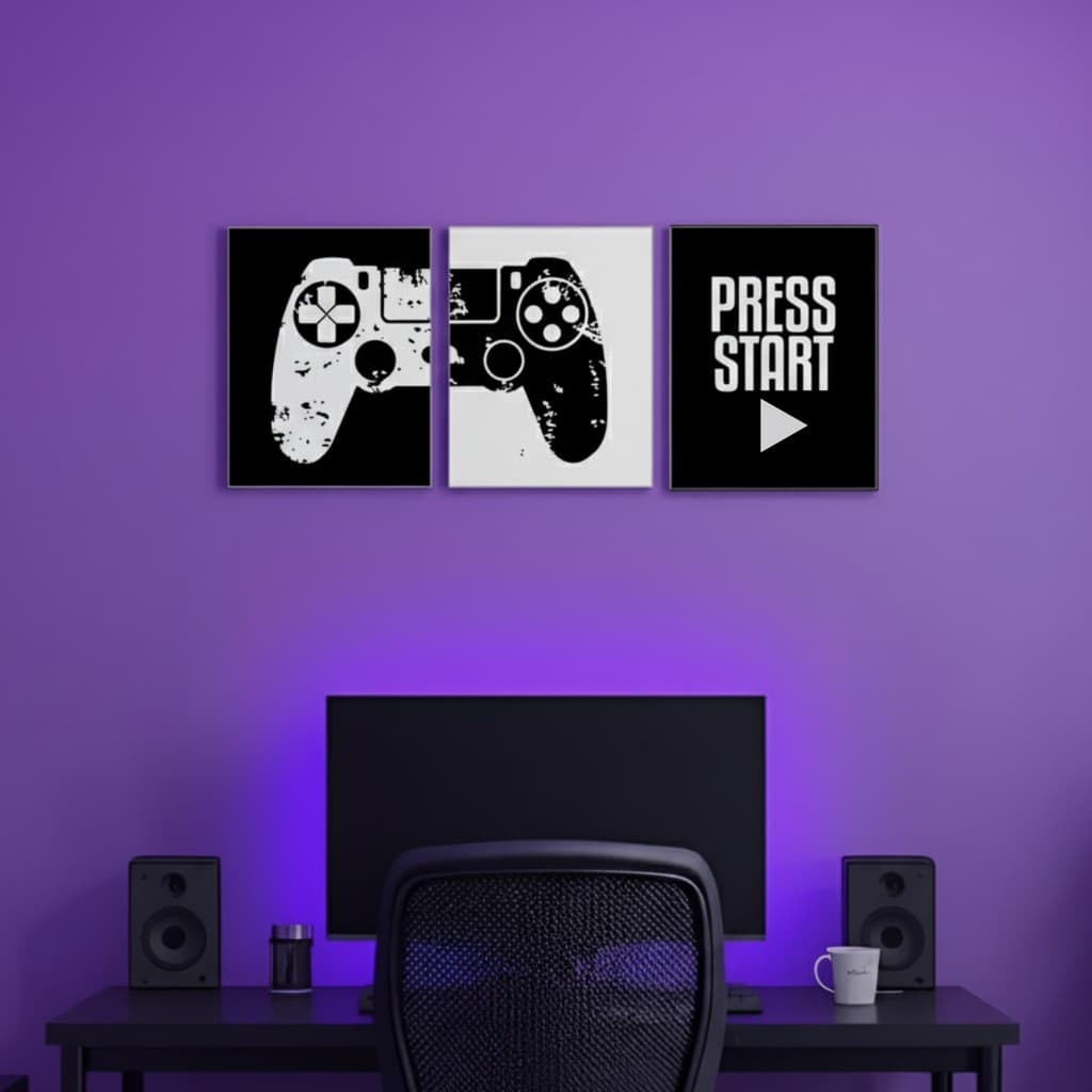 Kit 3 Placa Decorativa Setup Gamer Controle Video Game Jogo Play Start Joystick Gamepad Nerd Quadro