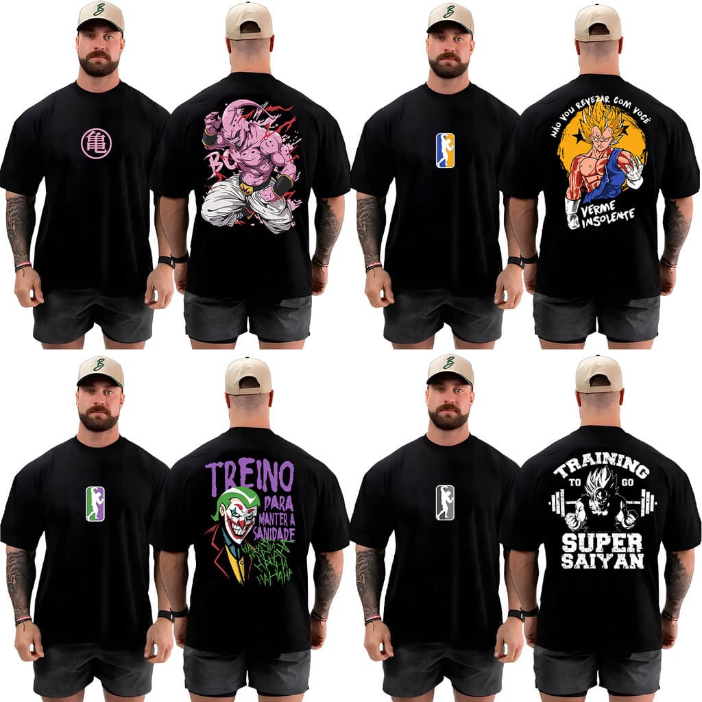Kit com 4 Camisetas Oversized Top para Academia Camisas Musculação Treino Streetwear 100% Algodão