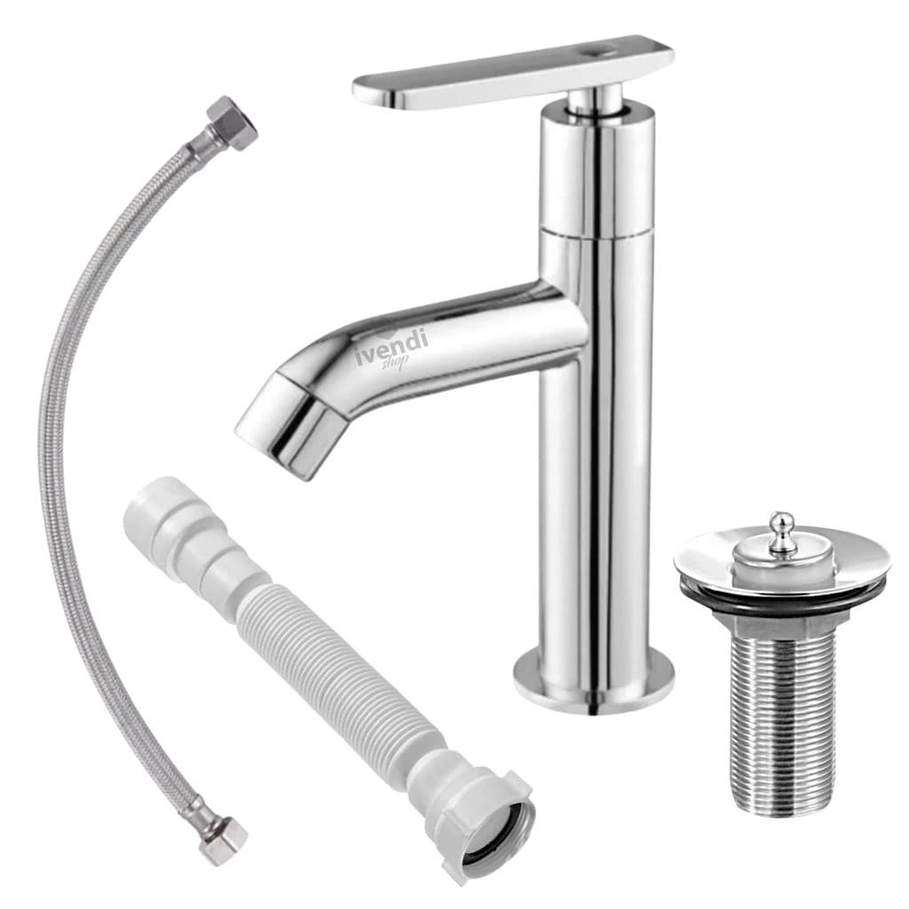 Kit Banheiro Torneira Moderna Alta + Valvula + Sifao + Engate Inox 60 Cor Prateado Completo