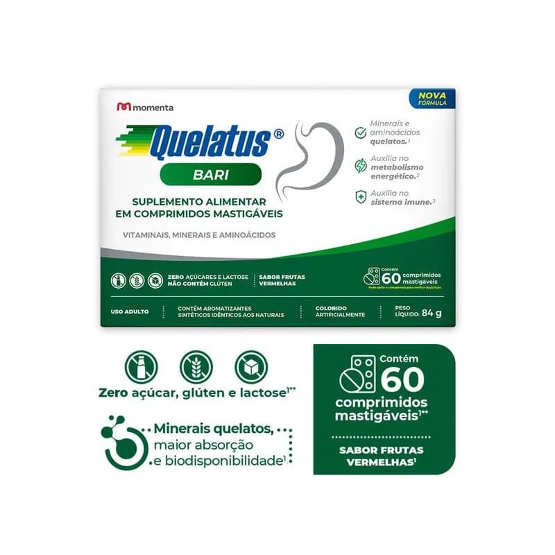 Quelatus Bari 60 Comprimidos + 8 Grátis | Suplemento Pós Bariátrica | Vitaminas e Minerais Quelatos