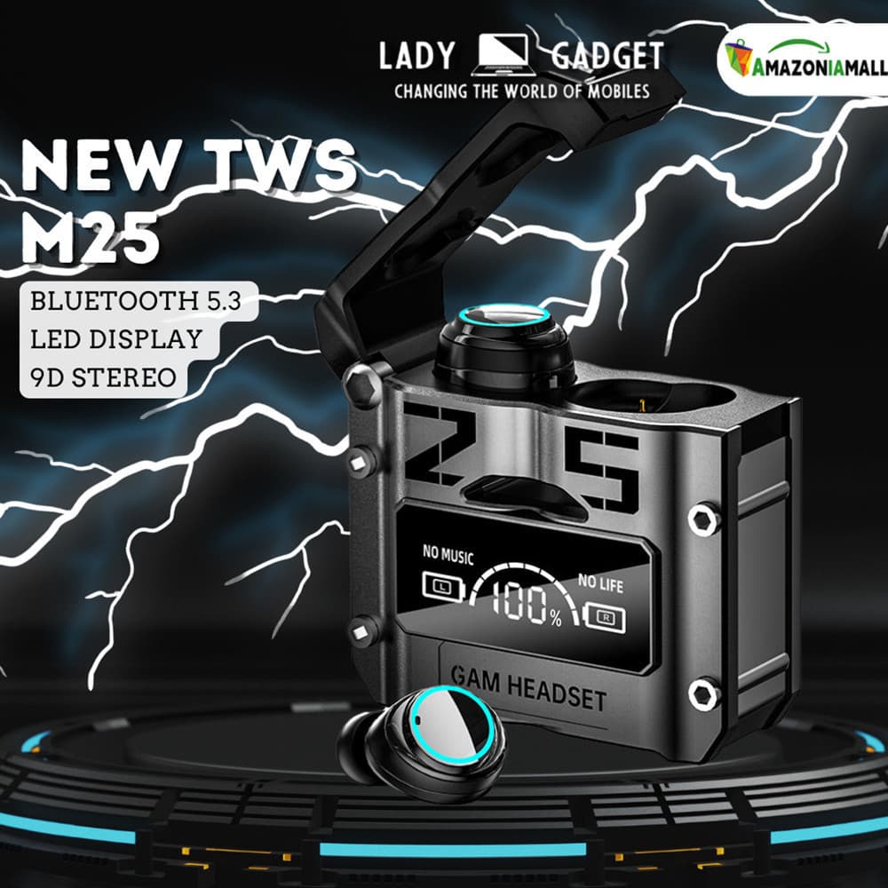 Sem fio Bluetooth 5.3 TWS M25 novo fone de ouvido à prova dwaterproof água 9D estéreo esportes fones LED Microphoe