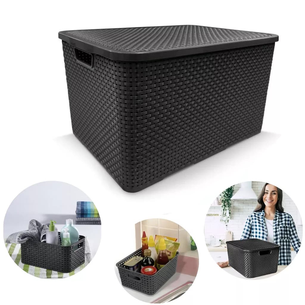 Kit Com 10 Cesto Caixa Organizadora Rattan Com Tampa 7 Litros Preto Ideal p/ Armarios Banheiro Cozinha Quarto Dispensa