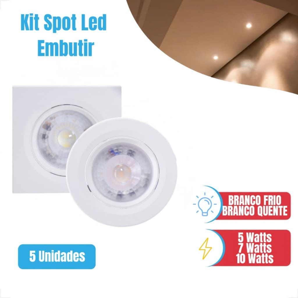 Luminária Led Spot 5w 7w 10w Quadrado Redondo Embutir Branco Frio Quente Bivolt Gesso VANT3