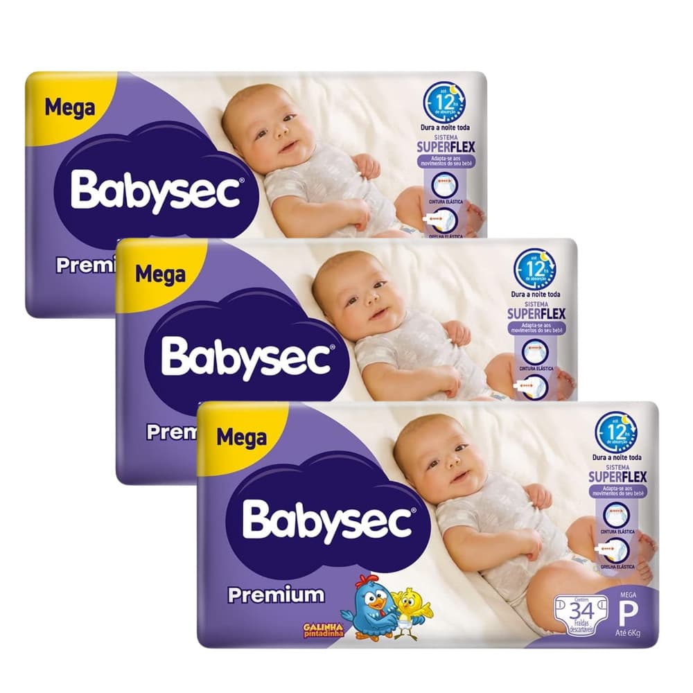 3x Fralda BabySec Premium Galinha Pintadinha Mega P com 34un Cada