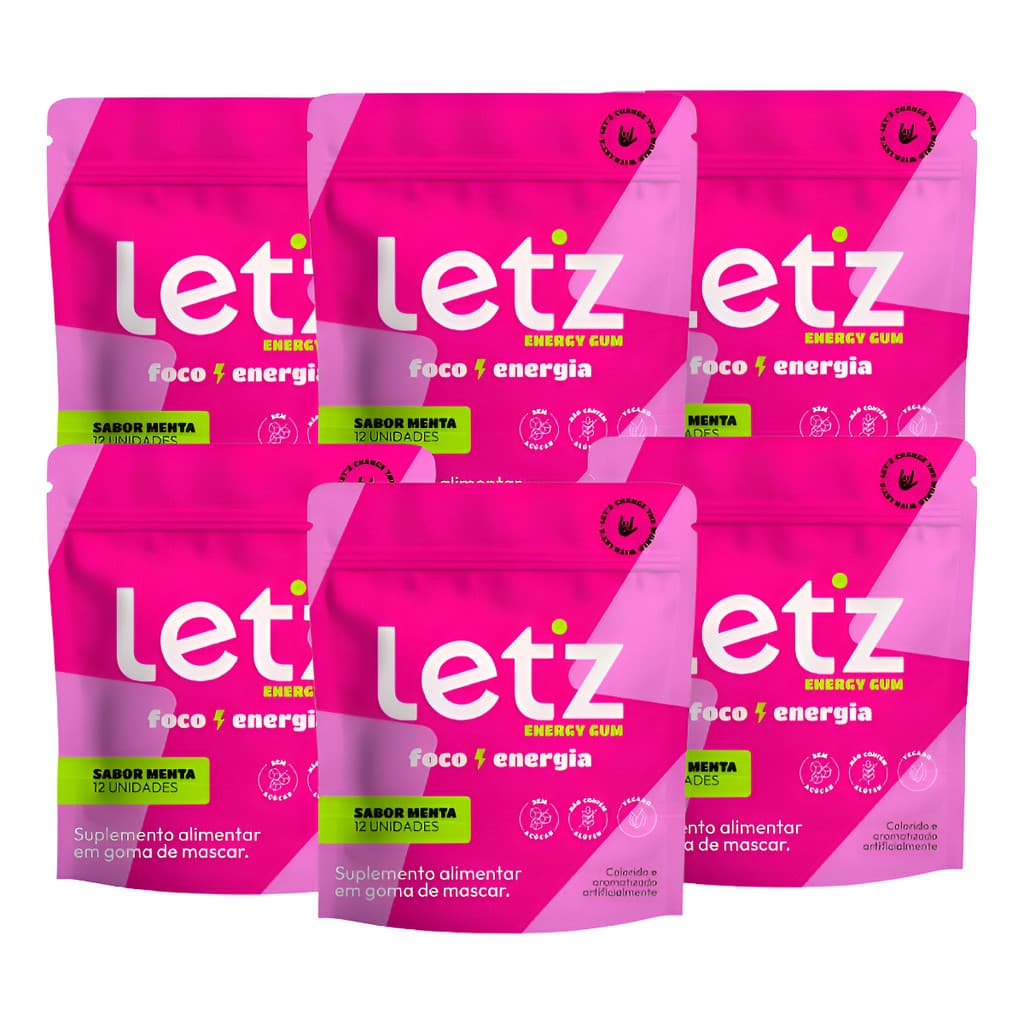 Chiclete Energético Pré Treino Cafeína Taurina Letz Gum 6 Un - Menta