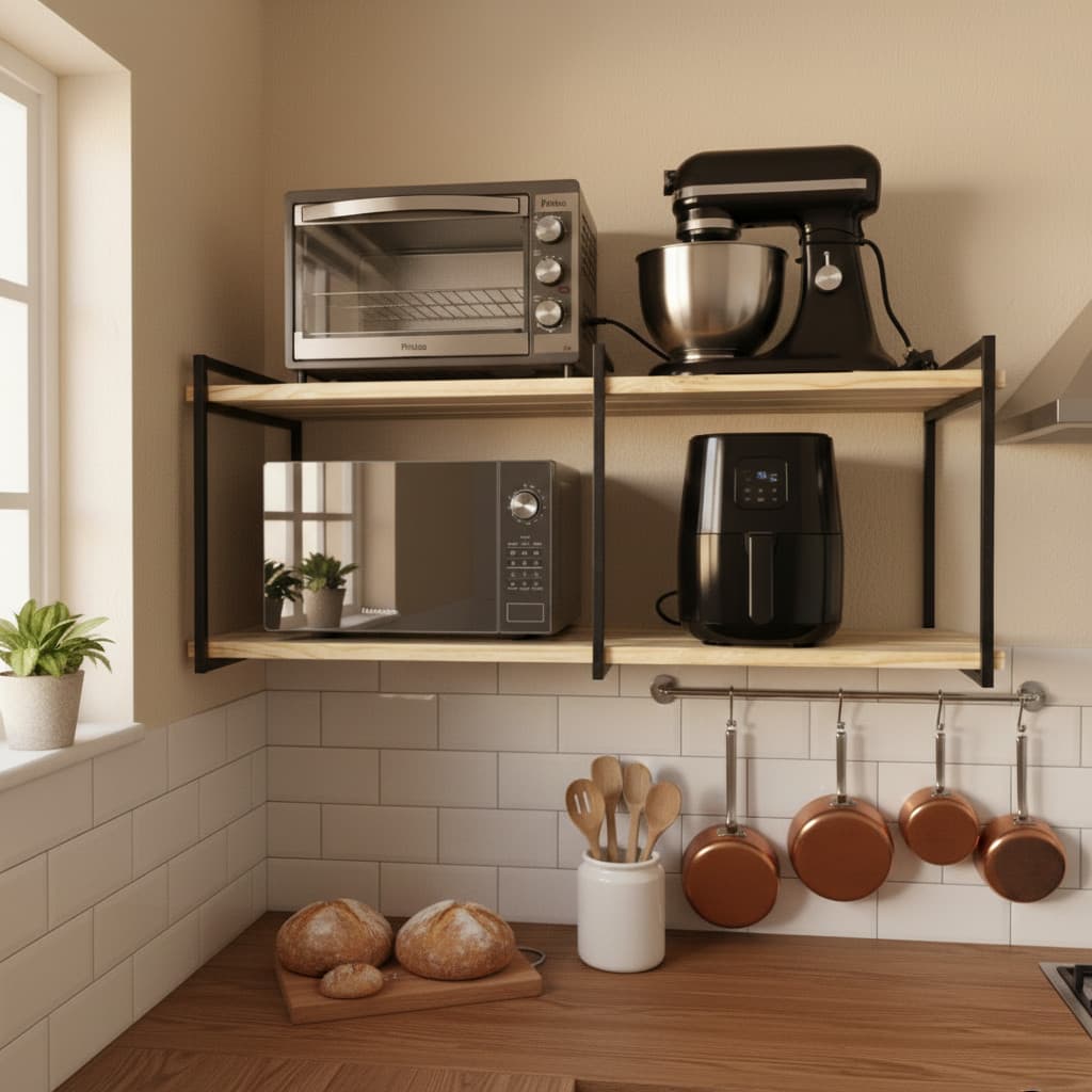 Prateleira de Parede Cozinha Suporte Microondas Forno Air Fryer Impressora Nicho 120cm Pinus Metalon