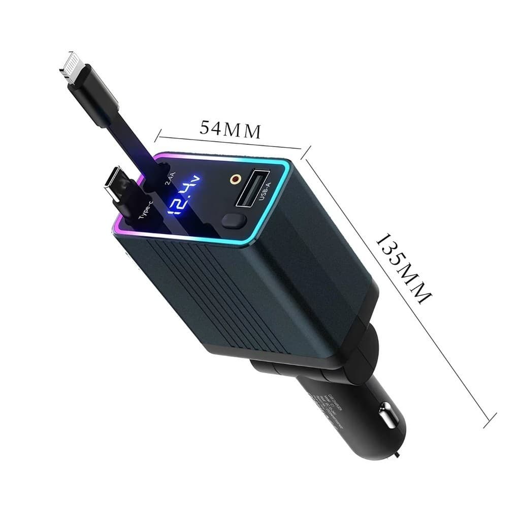Carregador Veicular Digital 120W com Display LED – USB-A + Cabo Embutido Tipo-C/Lightning, Proteção Inteligente yihan