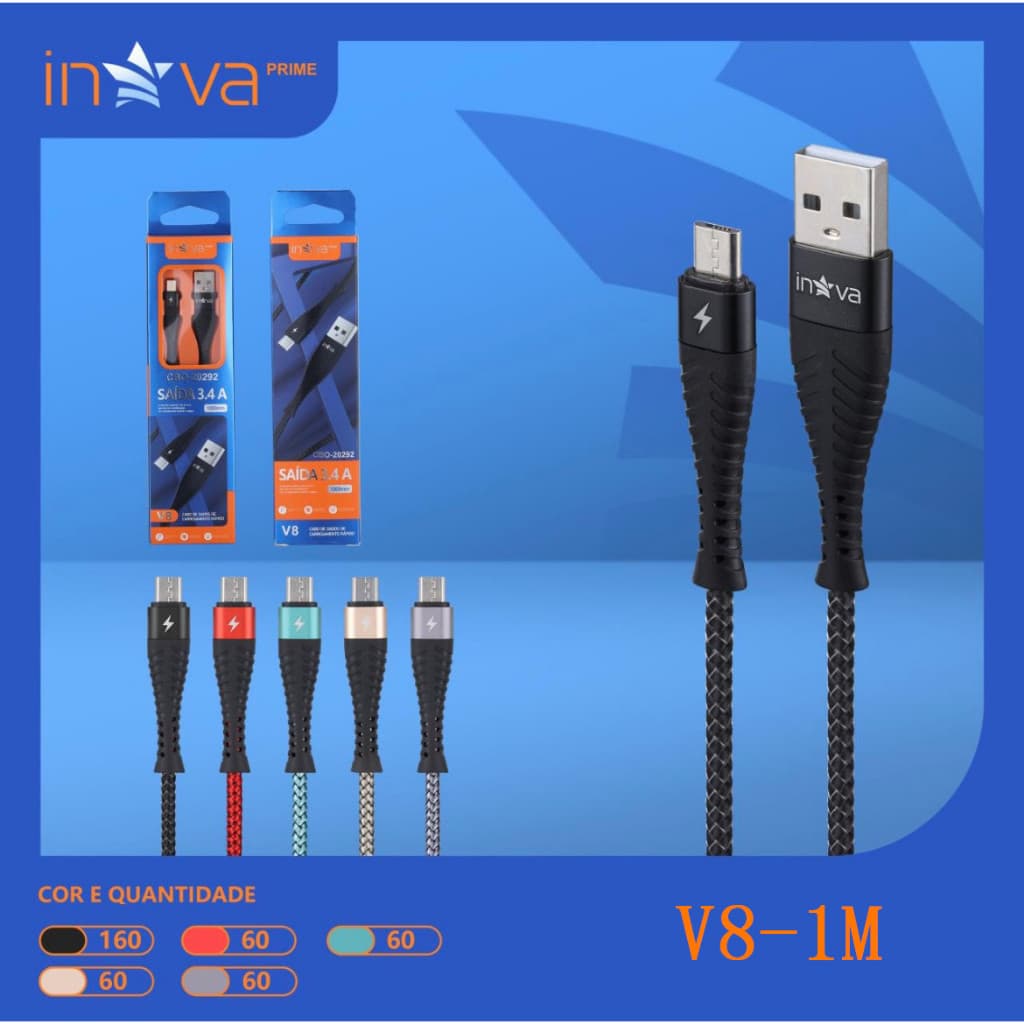 Kit 3 Cabo de Carregar Usb Para Celula V8 Android Type C iphone 1Metros Inova 3.4A Rápida Yan