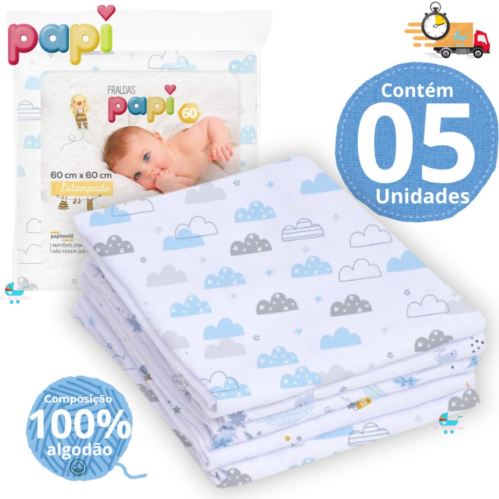 Fralda de pano kit com 5,10 ou 15 unidades fina 60x60cm 100% algodão – Papi Enxoval Infantil Bebê.