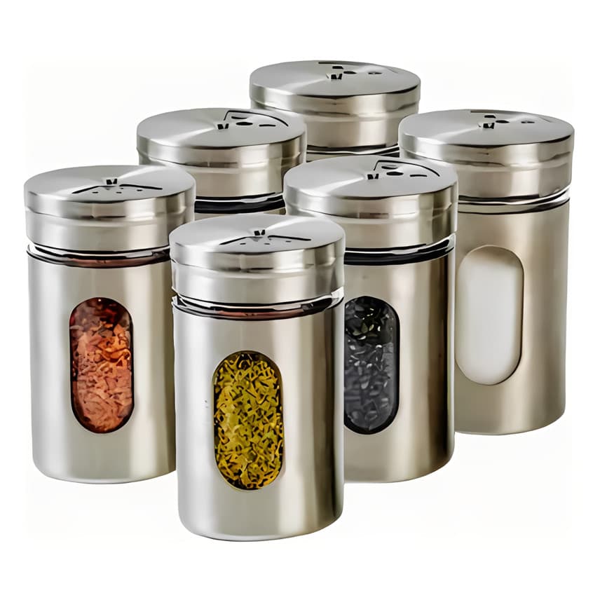 Kit 6 Porta Condimento Para Saleiro Pimenteiro Temperos Aço Inox Peso Inox Tampa Dosadora Cozinha