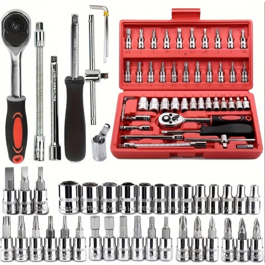 Kit 46 Peças Jogo De Soquetes com Chave Catraca e Estojo