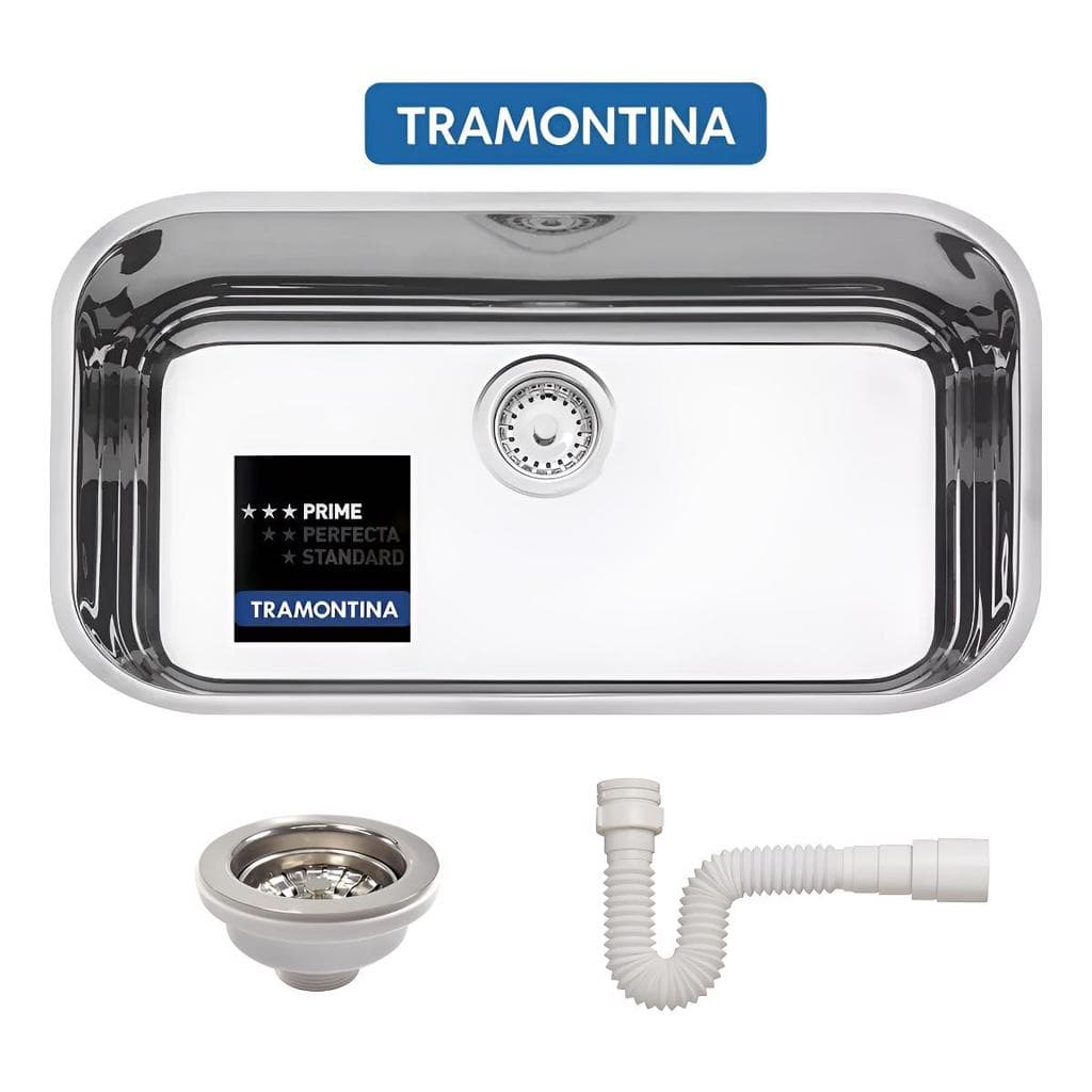 Kit Cuba Tramontina Lavínia Prime Inox Alto Brilho N2 56x34x17 + Válvula e Sifão Compatível Completo