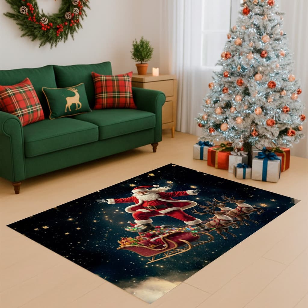 Tapete Retangular Natalino Papai Noel Antiderrapante Decoração de Natal Sala Casa Festas