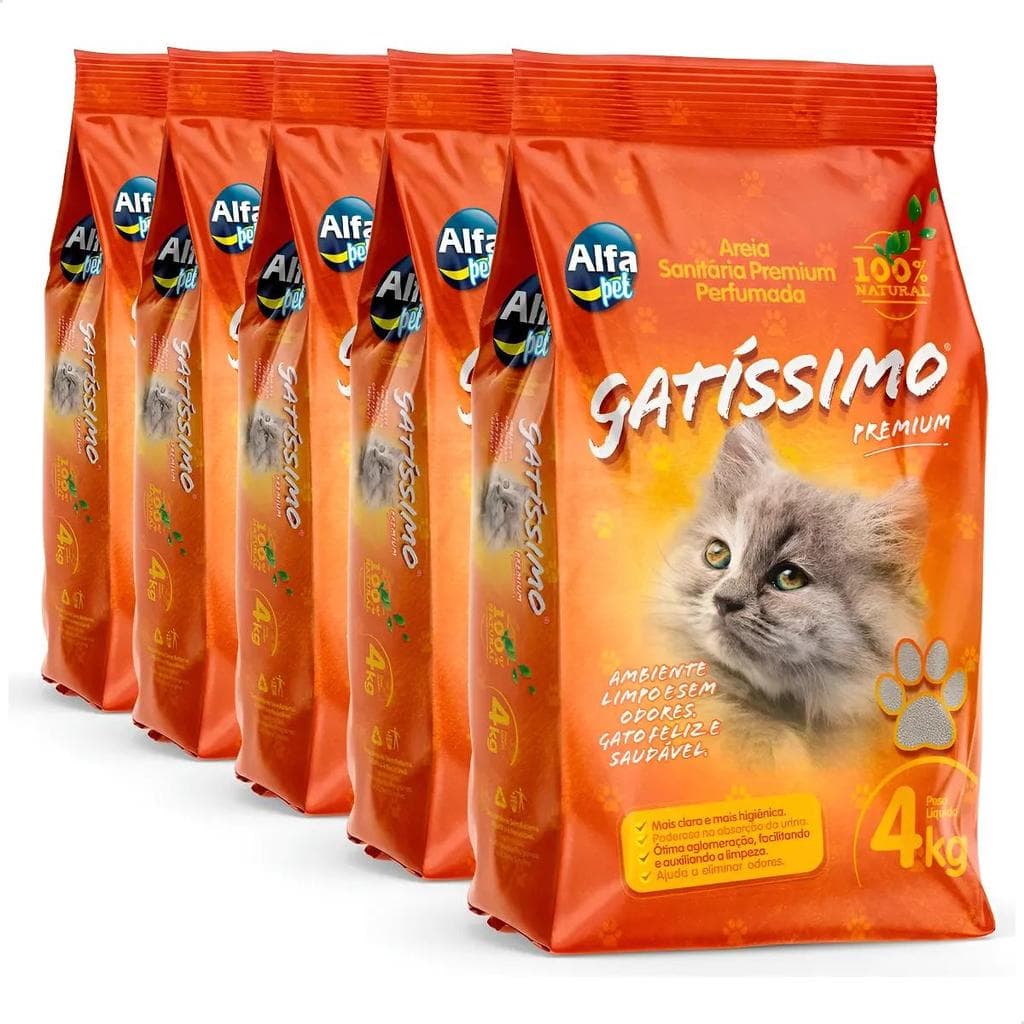 Areia Gatíssimo 5 Sacos de 4Kg Perfumada Premium Sanitária Ambiente Limpo e Sem Odores Gato Feliz Saudável 20 Kg
