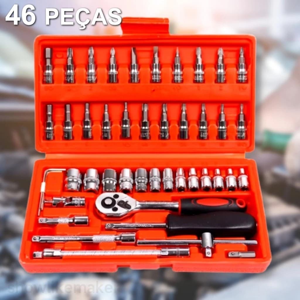Kit de Ferramentas 46 Peças Jogo de Soquetes Chave Catraca Reversível Maleta de Ferramentas Completo
