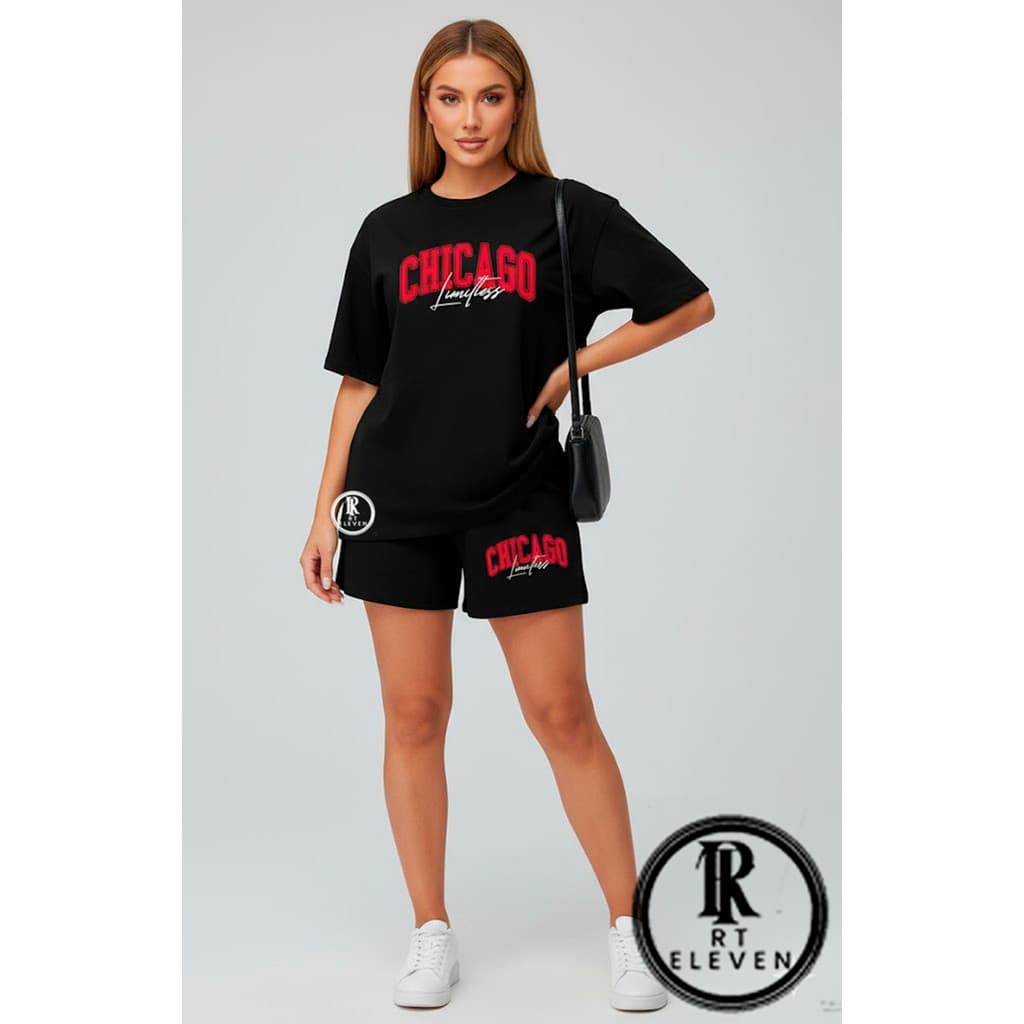kit conjunto FEMININO Chicago Limitess Kit 2 peças short moletom + blusinha 100% algodão feminina camiseta e shorts