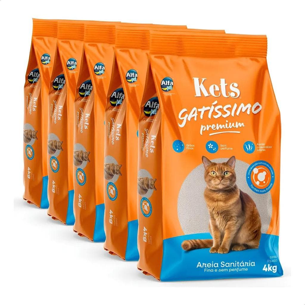 Areia Sanitária Fina Gatíssimo Premium Sem Perfume 5 Pacotes de 4 Kg Grãos Finos Sem Perfume Neutralizar Odores 20 Kg