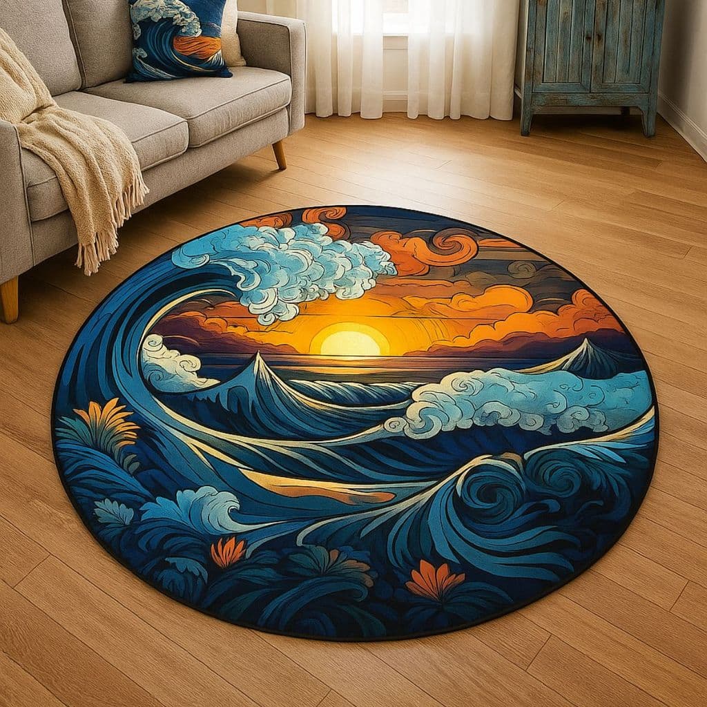 Tapete Redondo Decorativo Mar 88cm Antiderrapante para Sala e Quarto 2149