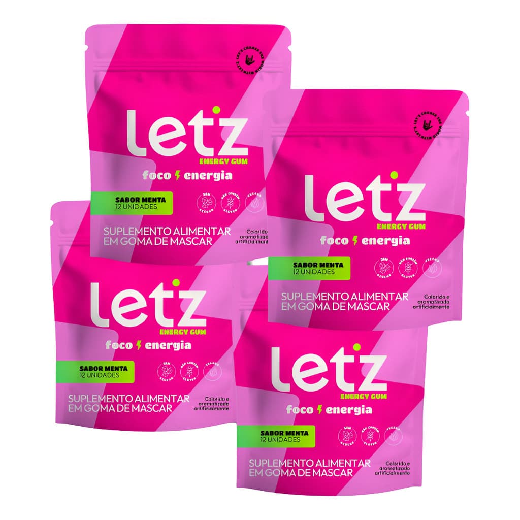 Chiclete Energético Energia Rápida Let'z Gum 4 Pacotes Sabor Menta