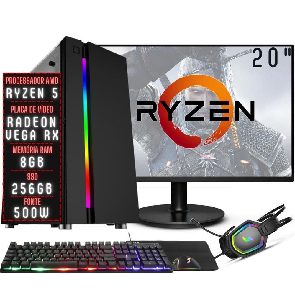 PC Gamer Completo 3green Force AMD Ryzen 5 8GB DDR4 PV Radeon RX SSD 256GB Monitor 20" 75Hz Fonte 500W 3GFO-025