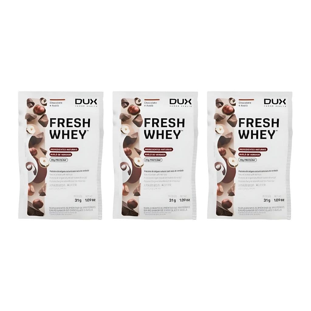 KIT 3 SACHE WHEY PROTEIN FRESH 20G PROTEINA 3W CHOCOLATE BELGA E AVELA ALTA ABSORÇÃO DUX