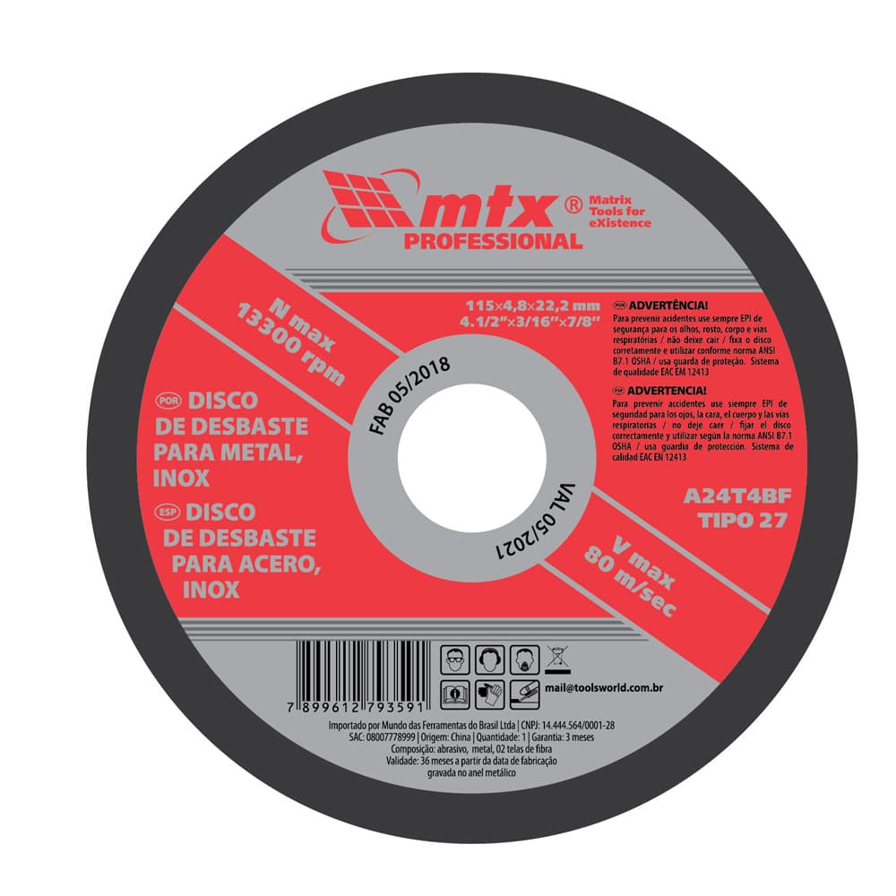 DISCO DE DESBASTE, PARA METAL, 115 X 4,8 X 22,23MM, 1PC // MTX
