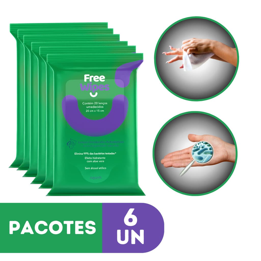 Lenço Umedecido Antisséptico Para Mãos De Bolsa Free Wipes Kit 6 Pacotes