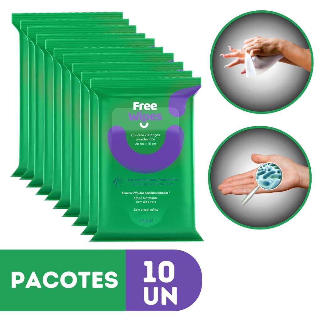 Lenço Umedecido Antisséptico Para Mãos De Bolsa Free Wipes Kit 10 Pacotes