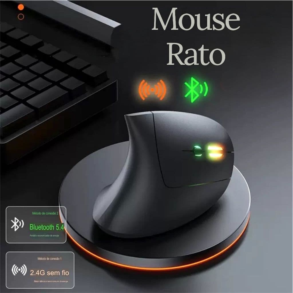 Mouse Preto Usb Portátil Rato Vertical Ergonômico Sem Fio Modelo Cor Preta e Bluetooth