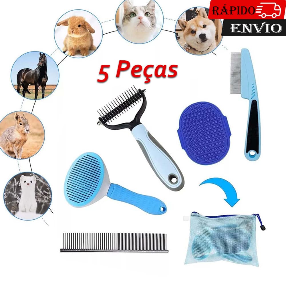 Escova de cabelo curta para cães e gatos, 5 peças, escova de banho para animais de estimação e escova de Shampoo, pente 