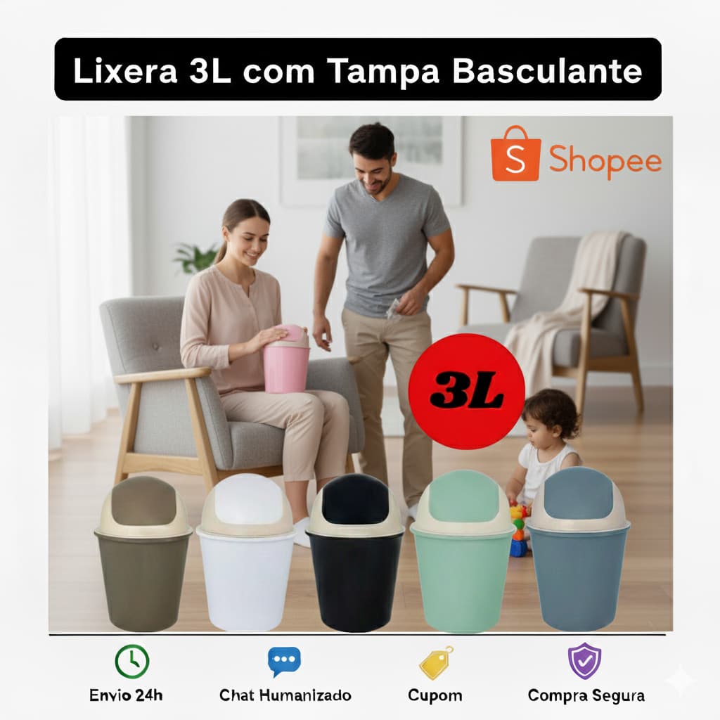 Lixeira Oscilante 3 Litros Multiuso Tampa Basculante Banheiro Cozinha Usual