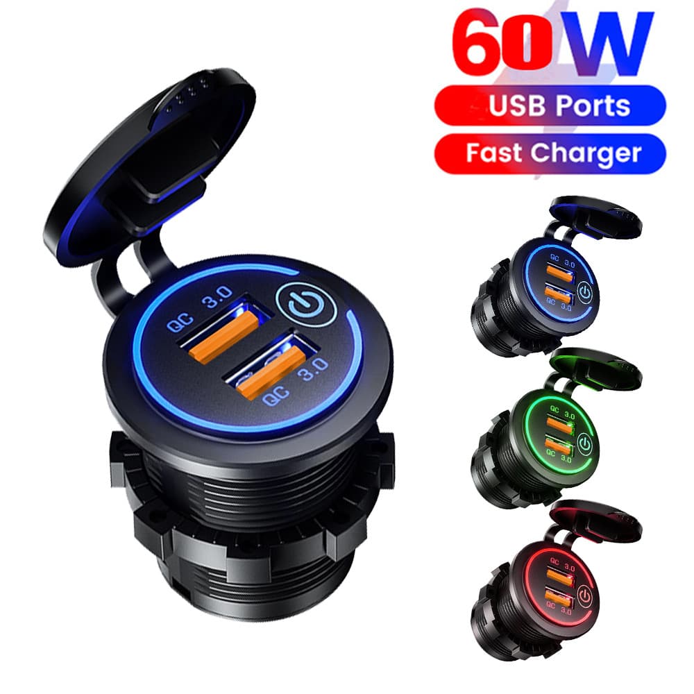 60W 2 Portas USB Tomada De Carregamento Rápido Carro Modificado Carregador QC3.0 Com Interruptor Toque Para Acessórios D