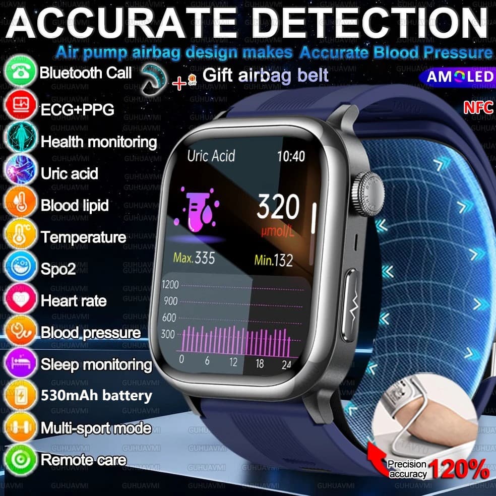2026 Nova Bomba De Ar Airbag AMOLED Smartwatch Relógio Inteligente Ácido Úrico Pressão Arterial Esporte Chamada Saúde À 