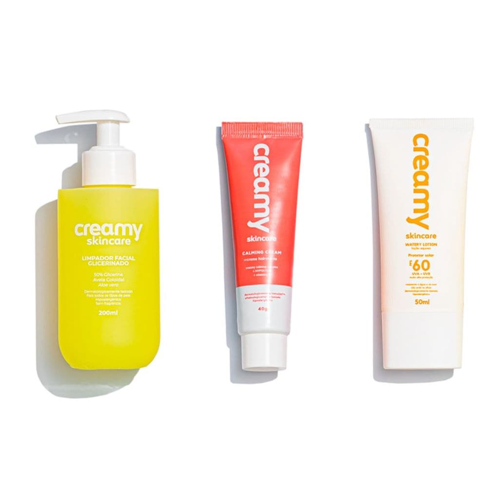 Kit Rotina Cuidado Básico - Limpador Glicerinado, Gel Creme Hidratante Facial Calming Cream e Protetor Solar FPS60