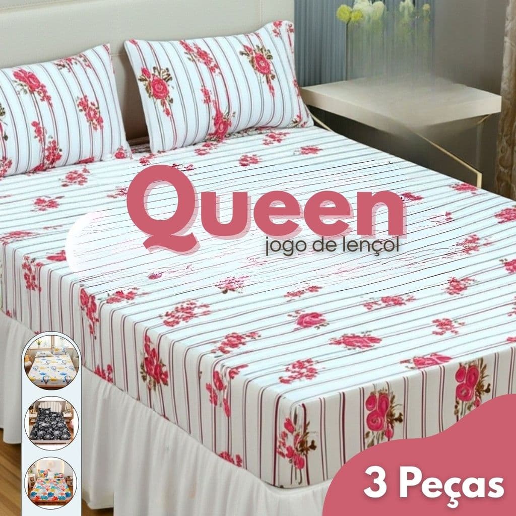 Kit Jogo De Lençol Cama Casal Queen 3 Peças Elástico 1,98m x 1,58m x 0,30cm Altura Estampas Sortidas