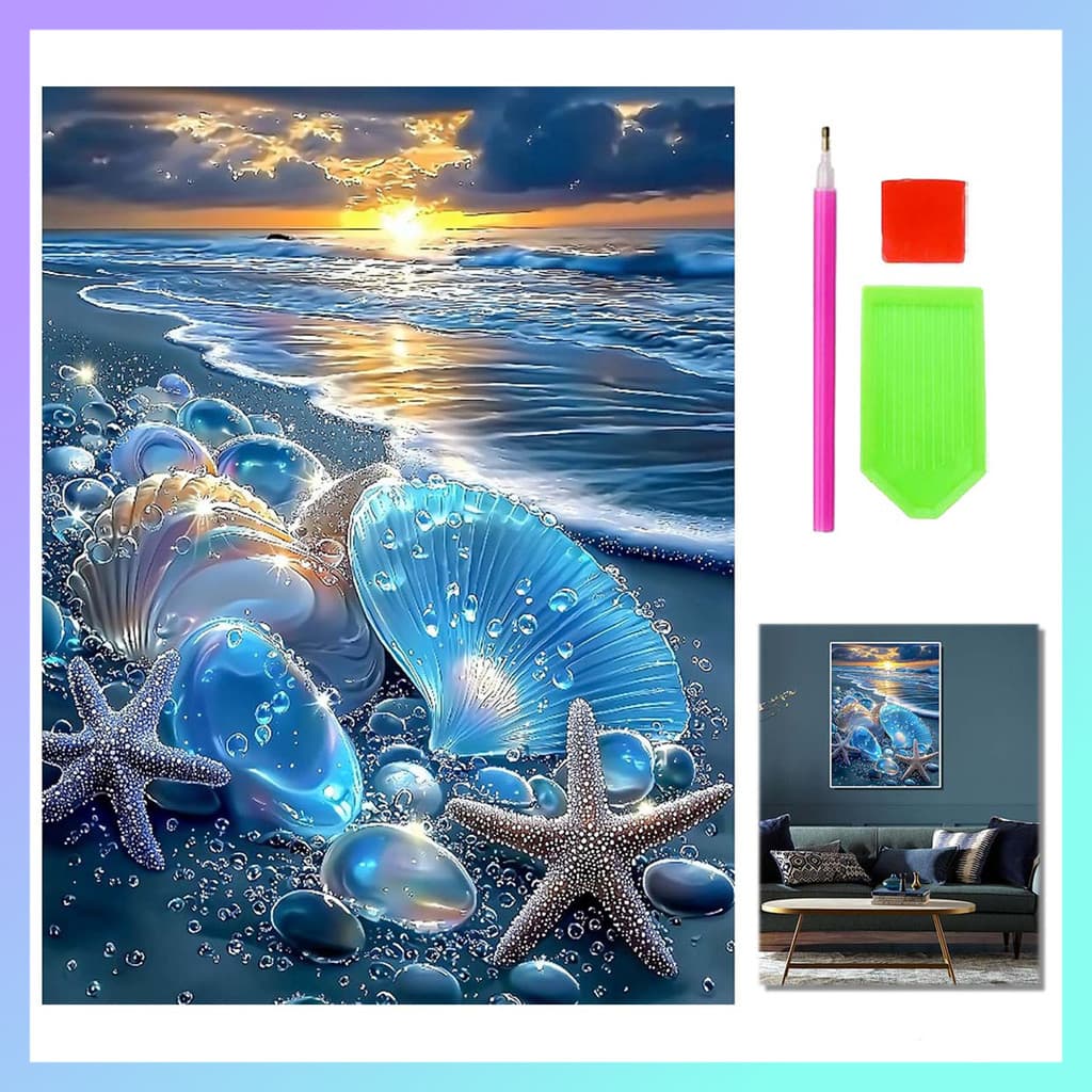 Concha azul de 30 x 40 cm, conjunto de pintura de diamante, pintura de diamante quadrada 5D, arte artesanal