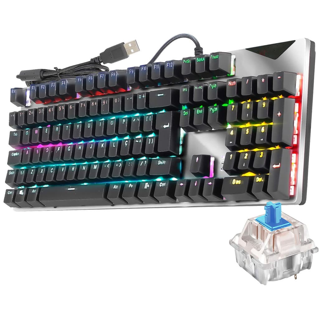 Teclado Teclas 100% Mecânico Gamer RGB Switch Blue Português ABNT2 Preto