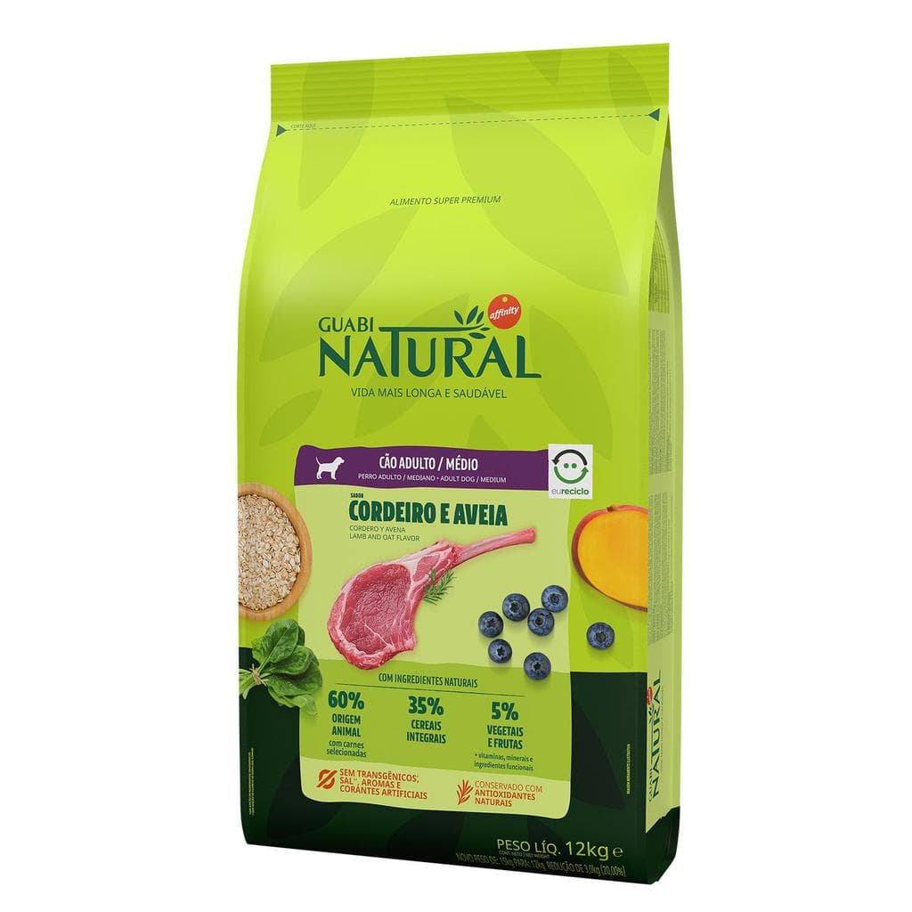 Ração Guabi Natural Cães Adultos Porte Médio Cordeiro e Aveia 12Kg