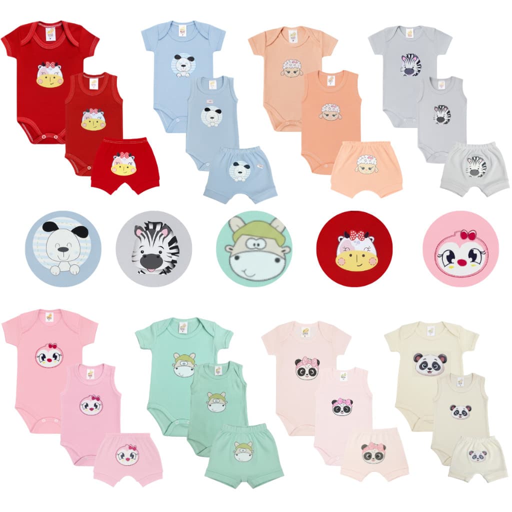 Kit 15 peças Roupa Bebê Enxoval Body Manga Curta Regata e shorts Estampa Bichinhos 100% Algodão