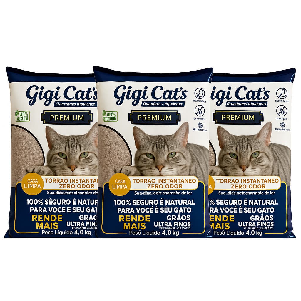 Areia Sanitária Gigi Cats 4kg Kit 3 Unid. (12kg) - Super Absorvente, Torrões Firmes