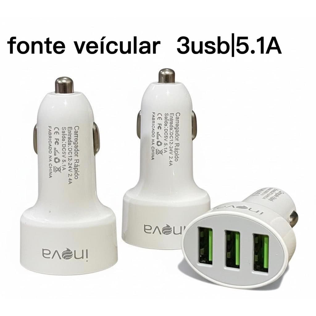Carregador Veicular Inova 3 USB 5.1A – Super Rápido, Estável e Compatível com Todos os Celulares