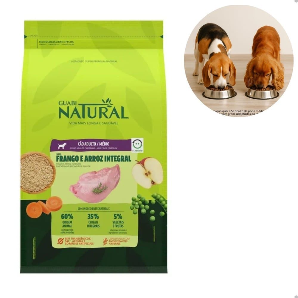 Ração Guabi Natural Frango e Arroz Integral para Cães Adultos Raças Média 12kg