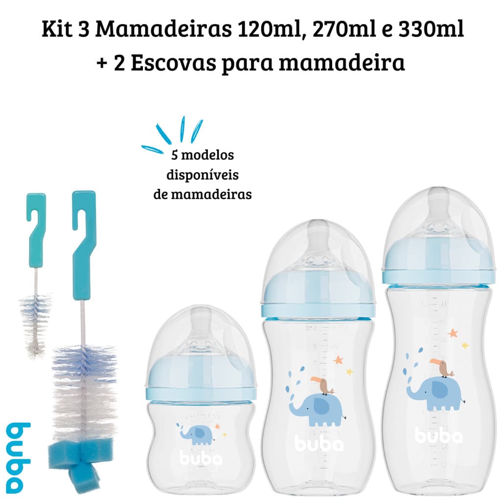Kit 3 Mamadeiras Buba 120/270/330 ml Bico Fluxo 1 2 e 3 + Kit Escovas Para Lavar Mamadeira e Bico