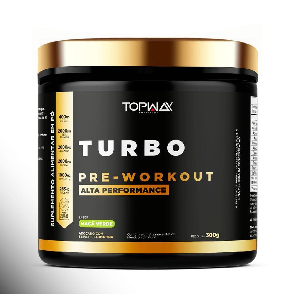 Suplemento em pó pré treino turbo topway 300g sabor maçã verde com taurina